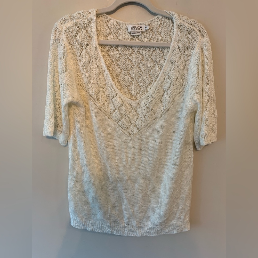 Molly Bracken Lace Knit Top Cream V-Neck Romantic Cottagecore M/L - Picture 2 of 7